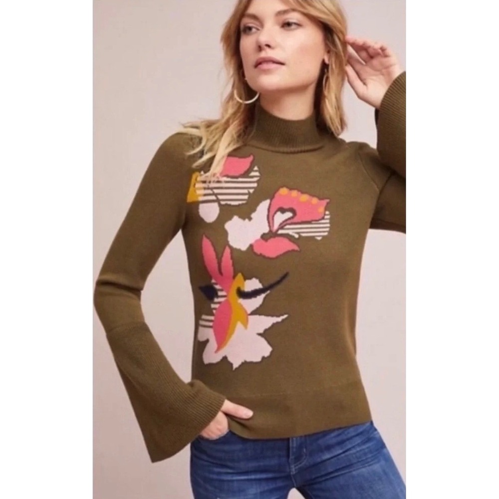 Knitted & Knotted Sweater Womens M Olive Green Excellent Floral Bell Sleeve Mock